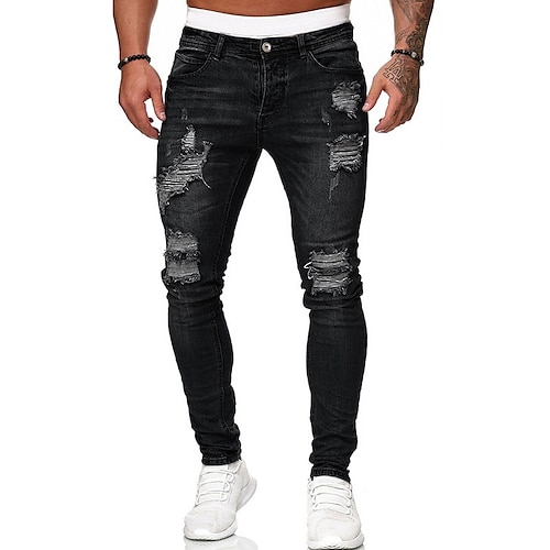 

men's ripped jeans distressed jeans denim pants stretch slim-fit pants for men streetwear trousers tapered pants zipper and button fly