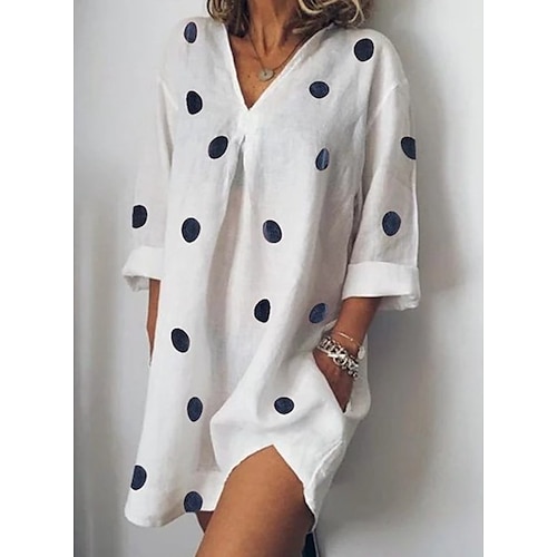 

Women's Shift Dress Mini Dress Light Blue Gray White 3/4 Length Sleeve Polka Dot Print Fall Spring V Neck Hot Loose Fit Boom Sale Dress S M L XL XXL 3XL 4XL 5XL