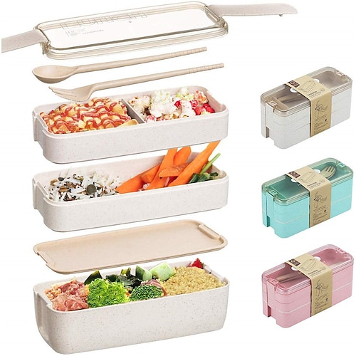 

900ml Portable Lunch Box 3 Layer Wheat Straw Bento Boxes Microwave Dinnerware Food Storage Container Foodbox 1set