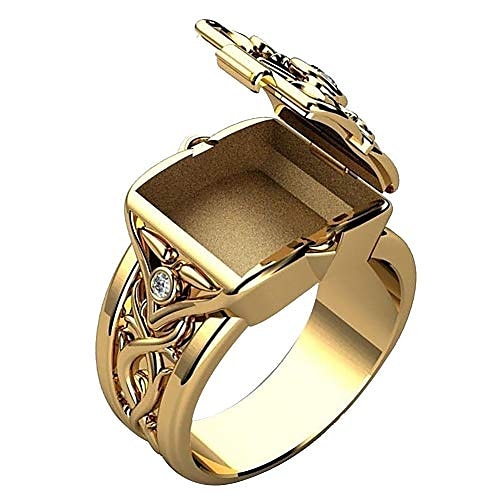 

Men's Ring with Secret Compartment Mini Clamshell Storage Box Design Retro Carved Band Rings Punk Hip Hop Party Jewelry Unique Gift for Men Women Rapper Biker Gold Color Size 6-14