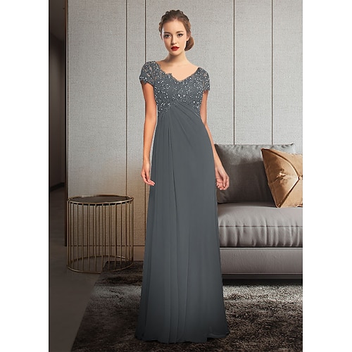 

Sheath / Column Mother of the Bride Dress Elegant V Neck Floor Length Chiffon Lace Short Sleeve with Sequin Appliques Ruching 2022