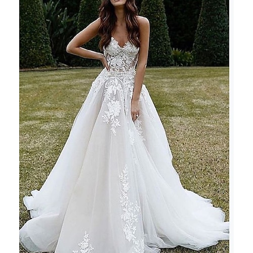 

A-Line Wedding Dresses V Neck Sweep / Brush Train Lace Tulle Sleeveless Country Romantic with Appliques 2022