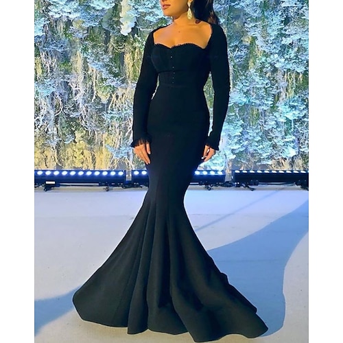 

Mermaid / Trumpet Evening Dresses Minimalist Dress Engagement Floor Length Long Sleeve Scoop Neck Satin with Pleats 2022 / Formal Evening