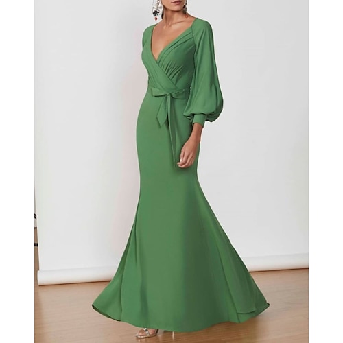 

Mermaid / Trumpet Minimalist Elegant Wedding Guest Formal Evening Dress V Neck 3/4 Length Sleeve Floor Length Chiffon with Sash / Ribbon 2022