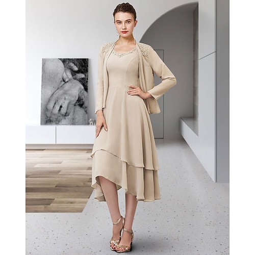 

Two Piece A-Line Mother of the Bride Dress Elegant Jewel Neck Asymmetrical Chiffon Sleeveless with Ruffles Tier Appliques 2022