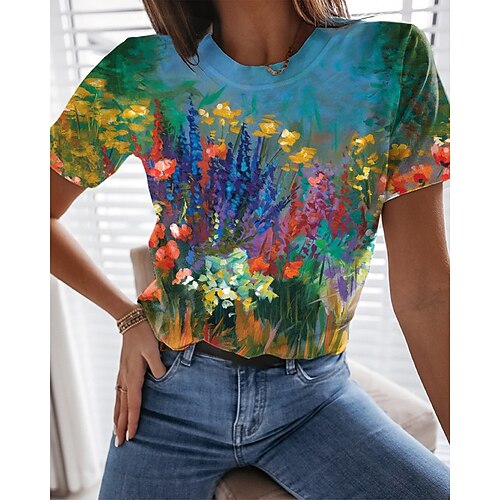 

Women's T shirt Tee Green Blue Yellow Graphic Floral Print Short Sleeve Casual Daily Basic Vintage Round Neck Regular Floral Painting S / 3D Print