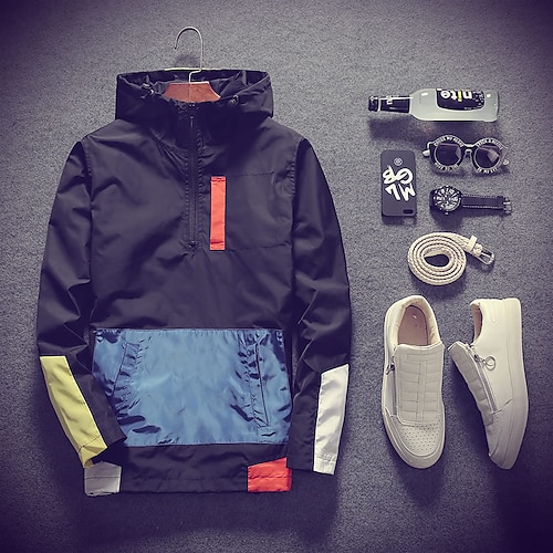 

Men's Casual Jacket Durable Daily Wear Vacation To-Go Pullover Standing Collar Comfort Leisure Jacket Outerwear Solid / Plain Color Pocket Dark Navy Grey White