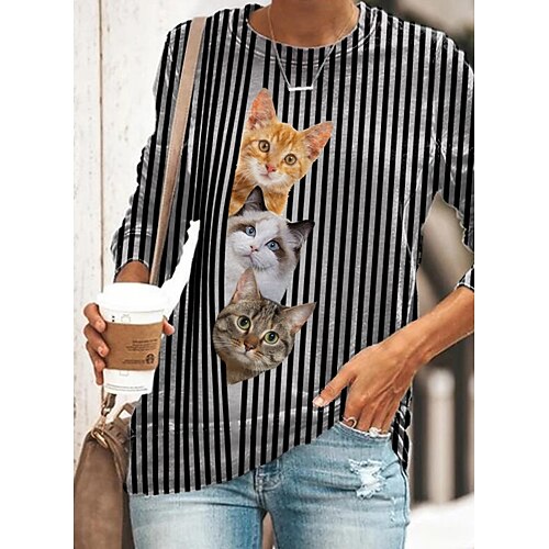 

Women's T shirt Tee Black Graphic Cat Print Long Sleeve Daily Basic Round Neck Regular 3D Cat S / 3D Print