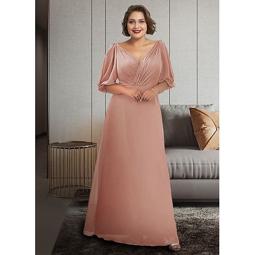 

A-Line Mother of the Bride Dress Plus Size Elegant V Neck Ankle Length Chiffon Half Sleeve with Ruching 2022