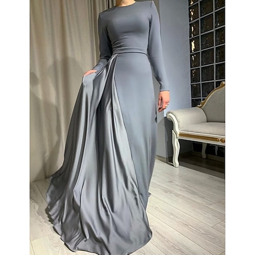 

Sheath / Column Evening Dresses Minimalist Dress Wedding Guest Floor Length Long Sleeve Jewel Neck Satin with Pleats 2022 / Formal Evening