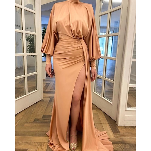 

Sheath / Column Evening Dresses Minimalist Dress Engagement Sweep / Brush Train Long Sleeve High Neck Stretch Satin with Ruched Slit 2022 / Prom