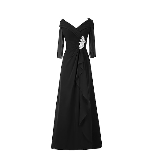 

A-Line Minimalist Elegant Wedding Guest Formal Evening Dress V Neck Half Sleeve Floor Length Chiffon with Draping Appliques 2022