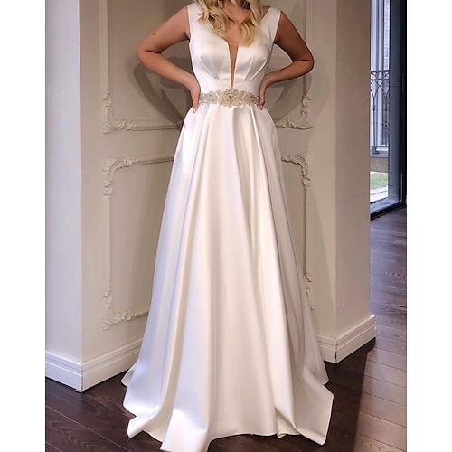 

A-Line Prom Dresses Minimalist Dress Engagement Floor Length Sleeveless V Neck Italy Satin with Sash / Ribbon 2022 / Formal Evening