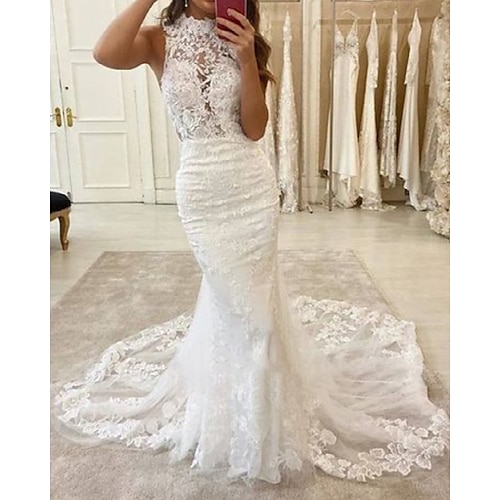 

Mermaid / Trumpet Wedding Dresses High Neck Court Train Lace Sleeveless Country Romantic Luxurious with Appliques 2022