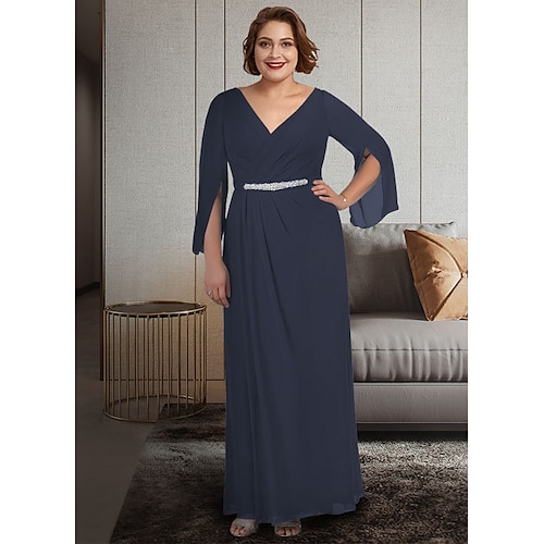 

A-Line Mother of the Bride Dress Plus Size Elegant V Neck Ankle Length Chiffon 3/4 Length Sleeve with Sash / Ribbon Ruching 2022