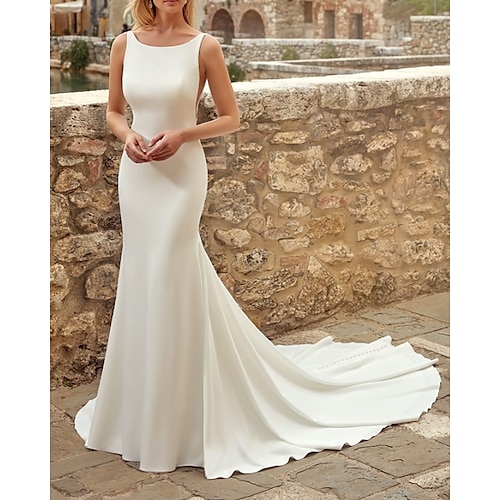 

Mermaid / Trumpet Wedding Dresses Jewel Neck Sweep / Brush Train Italy Satin Sleeveless Country Simple with 2022