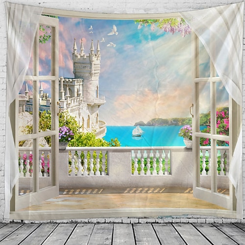 

Window Landscape Wall Tapestry Art Decor Blanket Curtain Hanging Home Bedroom Living Room Decoration Castle Flower Pastoral