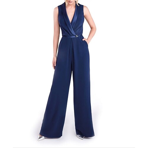 

Jumpsuits Minimalist Elegant Engagement Formal Evening Dress V Neck Sleeveless Floor Length Stretch Satin with Sash / Ribbon 2022