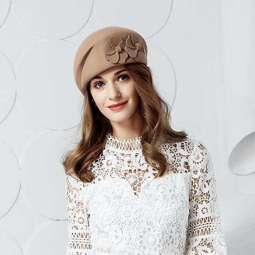 

Hats 100% Wool Beanie / Slouchy Beret Hat Casual Daily Wear Headwear With Floral Headpiece Headwear