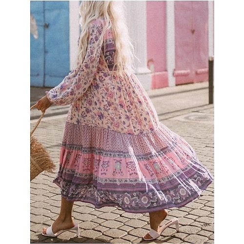 

Women's Swing Dress Maxi long Dress Pink Long Sleeve Floral Print Spring Summer V Neck Casual Vacation Boho Puff Sleeve 2022 S M L XL XXL