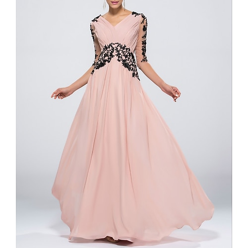 

Sheath / Column Beautiful Back Empire Wedding Guest Formal Evening Dress V Neck V Back Half Sleeve Floor Length Chiffon with Appliques 2022 / Illusion Sleeve