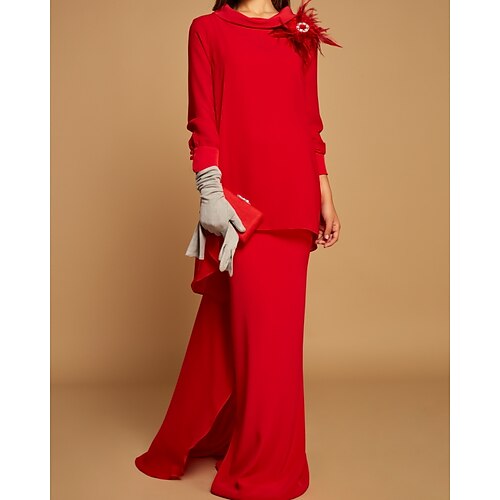 

Sheath / Column Mother of the Bride Dress Elegant Jewel Neck Floor Length Chiffon Long Sleeve with Ruffles Flower 2022