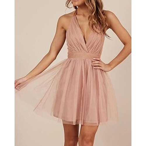 

A-Line Minimalist Sexy Homecoming Cocktail Party Dress Halter Neck Sleeveless Short / Mini Tulle with Sash / Ribbon Pleats 2022