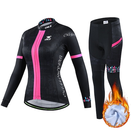 

cheji Women's Cycling Jersey with Tights Long Sleeve Mountain Bike MTB Road Bike Cycling Winter Green Rosy Pink Silver Bike Clothing Suit Thermal Warm Fleece Lining 3D Pad Breathable Quick Dry