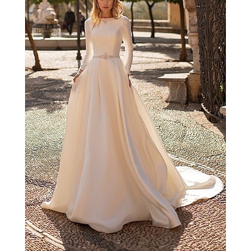 

A-Line Wedding Dresses Jewel Neck Sweep / Brush Train Satin Long Sleeve Country Simple with Crystal Brooch 2022