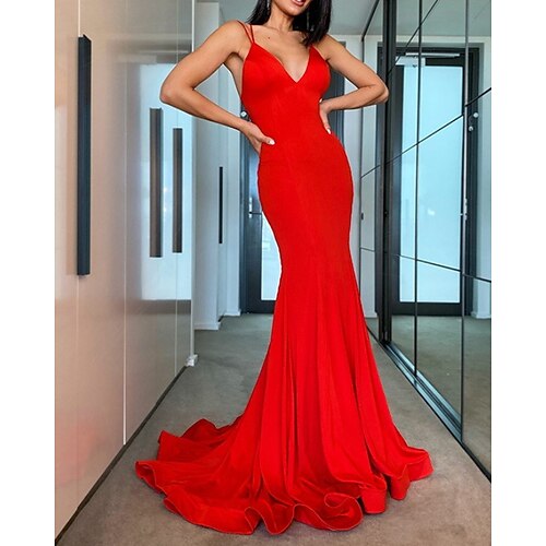 

Mermaid / Trumpet Evening Dresses Beautiful Back Dress Wedding Guest Sweep / Brush Train Sleeveless V Neck Spandex with Pleats 2022 / Formal Evening