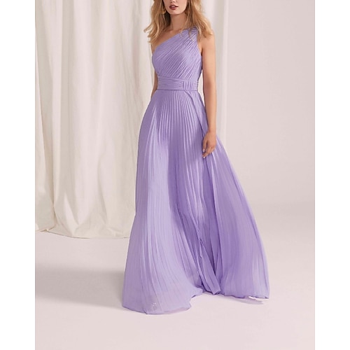 

A-Line Empire Elegant Wedding Guest Formal Evening Dress One Shoulder Sleeveless Floor Length Chiffon with Pleats 2022