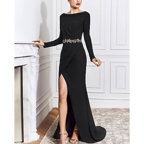 

Mermaid / Trumpet Minimalist Elegant Engagement Formal Evening Dress Boat Neck Long Sleeve Sweep / Brush Train Stretch Fabric with Sash / Ribbon Slit 2022