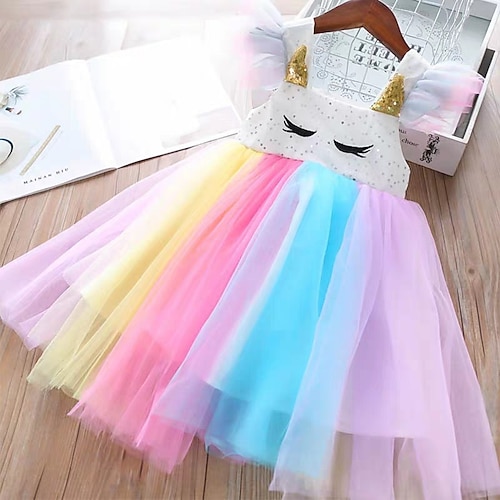 

Bambino Da ragazza Vestito Cartoni animati Al ginocchio Vestito Con lustrini Senza maniche stile sveglio Vestito Arcobaleno