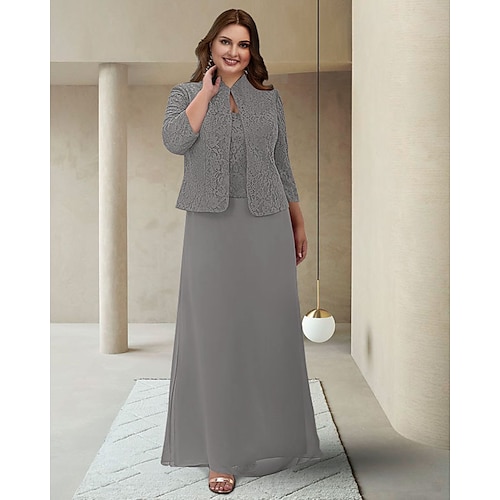 

Two Piece Sheath / Column Mother of the Bride Dress Plus Size Elegant Jewel Neck Ankle Length Chiffon Lace 3/4 Length Sleeve Wrap Included with Appliques 2022