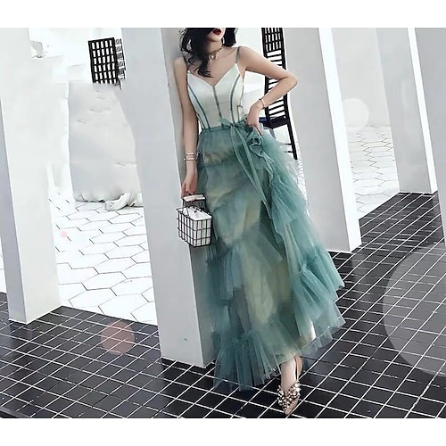 

A-Line Bridesmaid Dress V Neck Sleeveless Elegant Floor Length Tulle with Sash / Ribbon / Bow(s) 2022 / Open Back