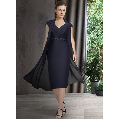 

Two Piece Sheath / Column Mother of the Bride Dress Elegant V Neck Knee Length Chiffon Short Sleeve with Sash / Ribbon 2022