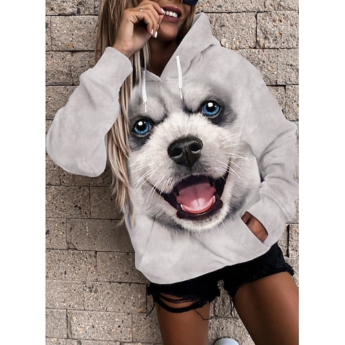 

Women's Hoodie Pullover Basic Casual Front Pocket Print White Dog Graphic 3D Daily Hooded Long Sleeve S M L XL XXL / 3D Print