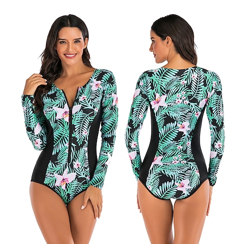 

Women's Rash Guard One Piece Swimsuit UV Sun Protection UPF50 Breathable Long Sleeve Bodysuit Bathing Suit Front Zip Swimming Surfing Beach Water Sports Floral Autumn / Fall Spring Summer / Stretchy