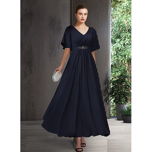 

A-Line Mother of the Bride Dress Elegant V Neck Ankle Length Chiffon Half Sleeve with Pleats Crystal Brooch 2022