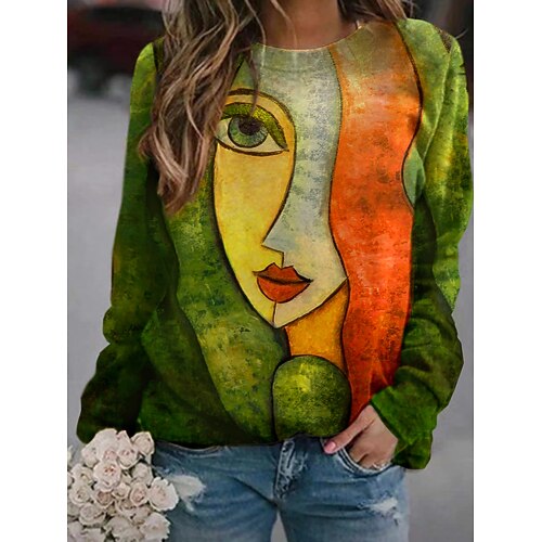

Women's Hoodie Sweatshirt Pullover Basic Casual Print Green Graphic Person 3D Daily Round Neck Long Sleeve S M L XL XXL / 3D Print