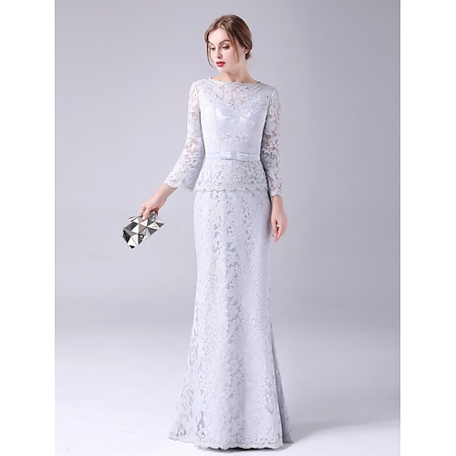 

Mermaid / Trumpet Mother of the Bride Dress Elegant Sweet Jewel Neck Floor Length Lace Long Sleeve with Sash / Ribbon Bow(s) 2022