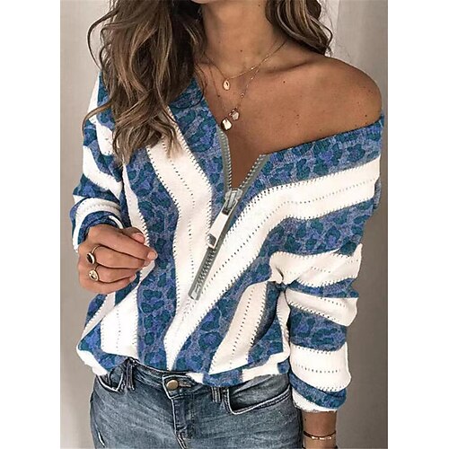 

Women's Pullover Sweater Zipper Knitted Color Block Leopard Stylish Casual Sexy Long Sleeve Sweater Cardigans V Neck Fall Winter Blue Fuchsia Brown / Holiday