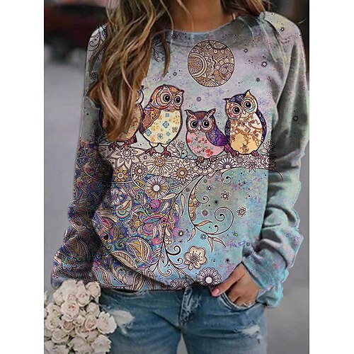 

Women's Hoodie Sweatshirt Pullover Basic Casual Print Purple Graphic Cartoon Bird Daily Round Neck Long Sleeve S M L XL XXL