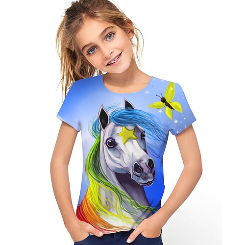 

Kids Girls' Graphic 3D Print Short Sleeve Active Light Blue