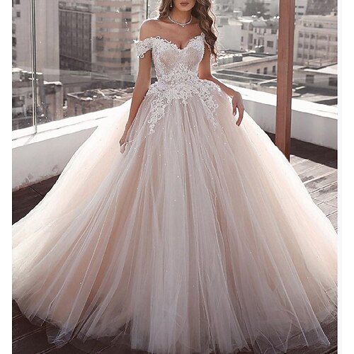 

A-Line Wedding Dresses Off Shoulder Floor Length Lace Tulle Short Sleeve Formal Romantic with Pleats Appliques 2022
