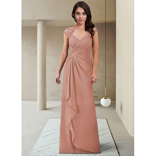 

Sheath / Column Mother of the Bride Dress Elegant V Neck Floor Length Chiffon Short Sleeve with Ruffles Ruching 2022