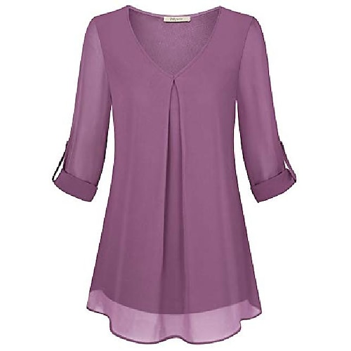 

Women's Tunic Blouse Plain Button U Neck Basic Tops Wine Red Pink Purple / Chiffon