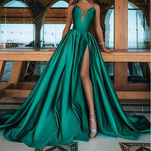 

A-Line Minimalist Sexy High Split Prom Formal Evening Dress V Neck Sleeveless Sweep / Brush Train Satin with Pleats Slit 2022