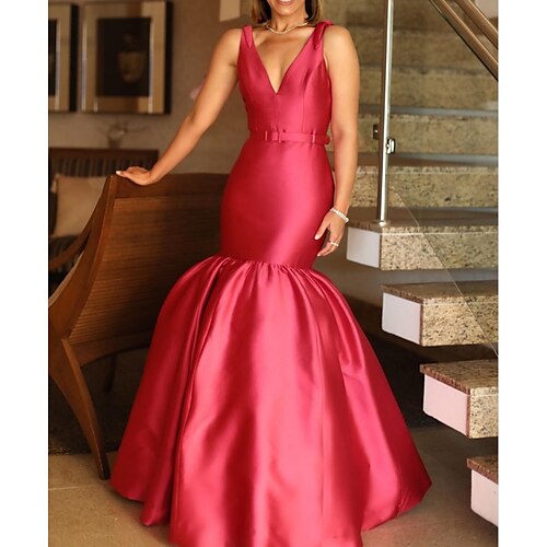 

Mermaid / Trumpet Evening Dresses Minimalist Dress Wedding Guest Floor Length Sleeveless V Neck Charmeuse with Sash / Ribbon 2022 / Formal Evening