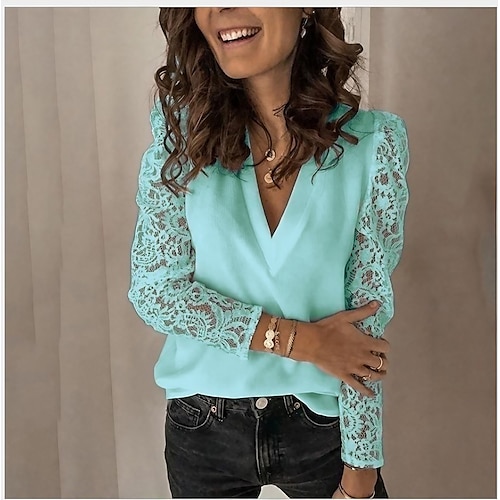 

Women's Blouse Shirt Eyelet top Green Blue Pink Solid Colored Lace Patchwork Long Sleeve Casual Daily Basic Sexy V Neck S